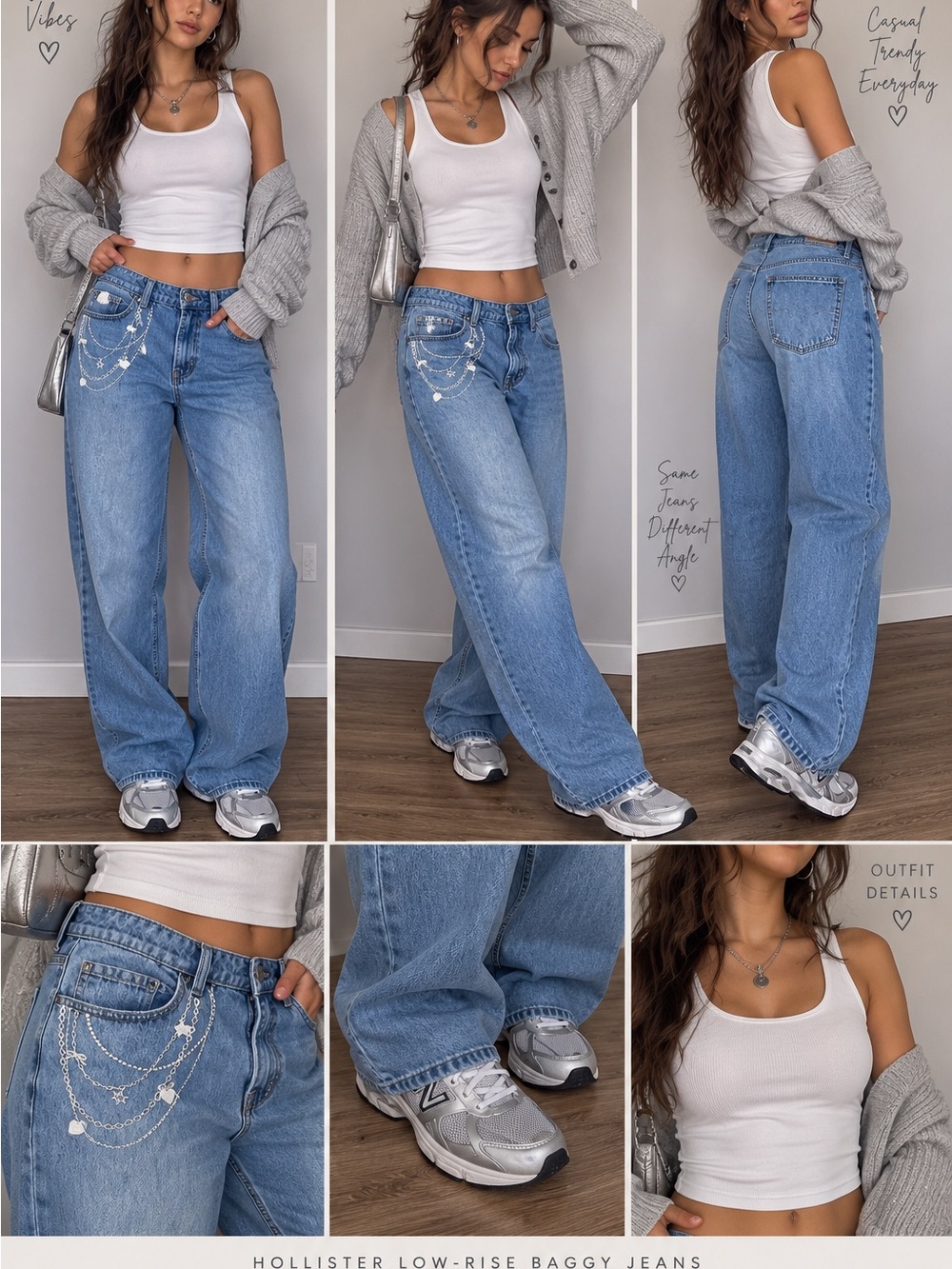 Hollister Low-Rise Baggy Jeans W32 14R Regular Light Wash Chain Charm Detail Y2K